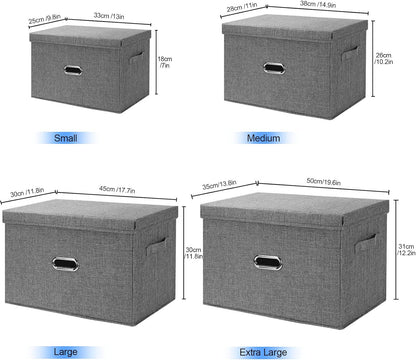 Large Linen Fabric Foldable Storage Bins with Removable Lid and Handles, Washable Storage Box Organizer Containers Baskets Cube with Cover for Bedroom,Office(Cream, Large(2-Pack))