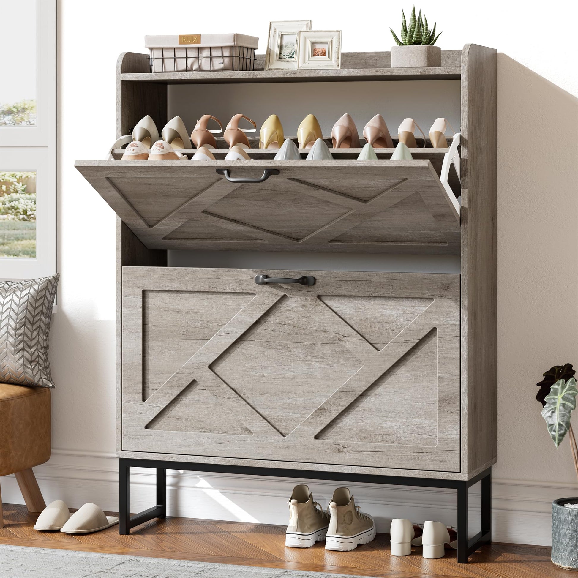 Nicetree Shoe Storage Cabinet with 2 Flip Drawers, Freestanding Shoe Organizer, Shoe Cabinet with