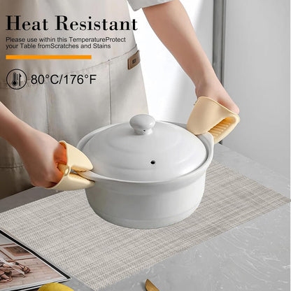 CADONO Placemats Set of 6 Washable Indoor/Outdoor Vinyl Place Mats for Dining Table Durable Non-Slip Heat Resistant PVC Weave Table Mats（Beige Green Cross）