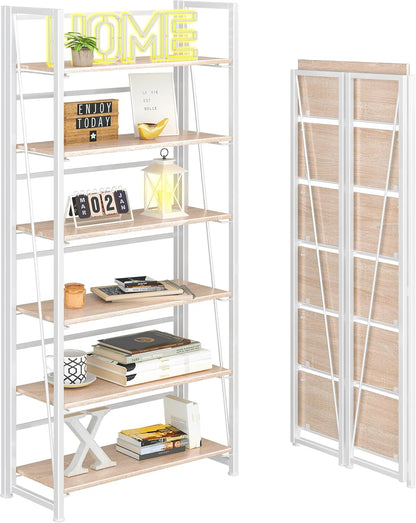 4NM No Assembly Foldable Bookshelf, 6-Shelf Collapsible Bookcase Storage for Small Spaces, 74" H, Natural White