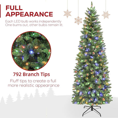 Hykolity 7.5 ft Prelit Pencil Slim Christmas Tree, 792 Branch Tips, 300 Color Changing LED Lights for Decoration, Metal Stand and Hinged Branches, 10 Color Modes