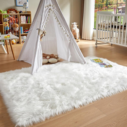 AMTOVO Faux Fur Sheepskin Rug for Living Room, 4 x 6 ft White Fluffy Area Rug for Bedroom, Playroom, Luxury Room Decor, Rectangle
