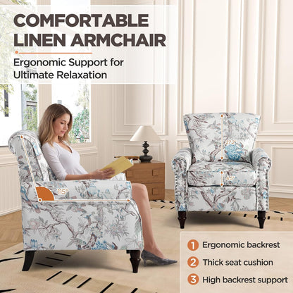 Wingback Accent Chair with Removable Pillow, High Back Floral Armchair with Solid Wood Legs & Nailhead Trim, Comfy Upholstered Reading Single Sofa Chair for Bedroom (1, Bird Floral Pattern)