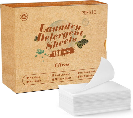 Poesie Laundry Detergent Sheets Citrus Scent 160 Sheets 80 Large Loads Laundry Strips No Plastic