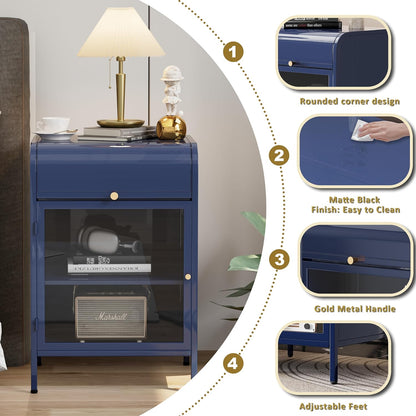 Modern Metal Side Tables, End Tables with Glass Door, 2-Tier Nightstands with Storage Shelves, Accent Table, Slim Sofa Table for Living Room, Bedroom (1, Bule)