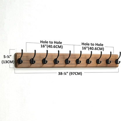 Dseap Wall Mounted Coat Rack: 38-1/4" Long, Patented, Heavy-Duty, 10-Double-Hooks Wooden Hanger Rail for Winter Coats, Hats, Jackets, Clothing - Natural & Black, Pack of 2