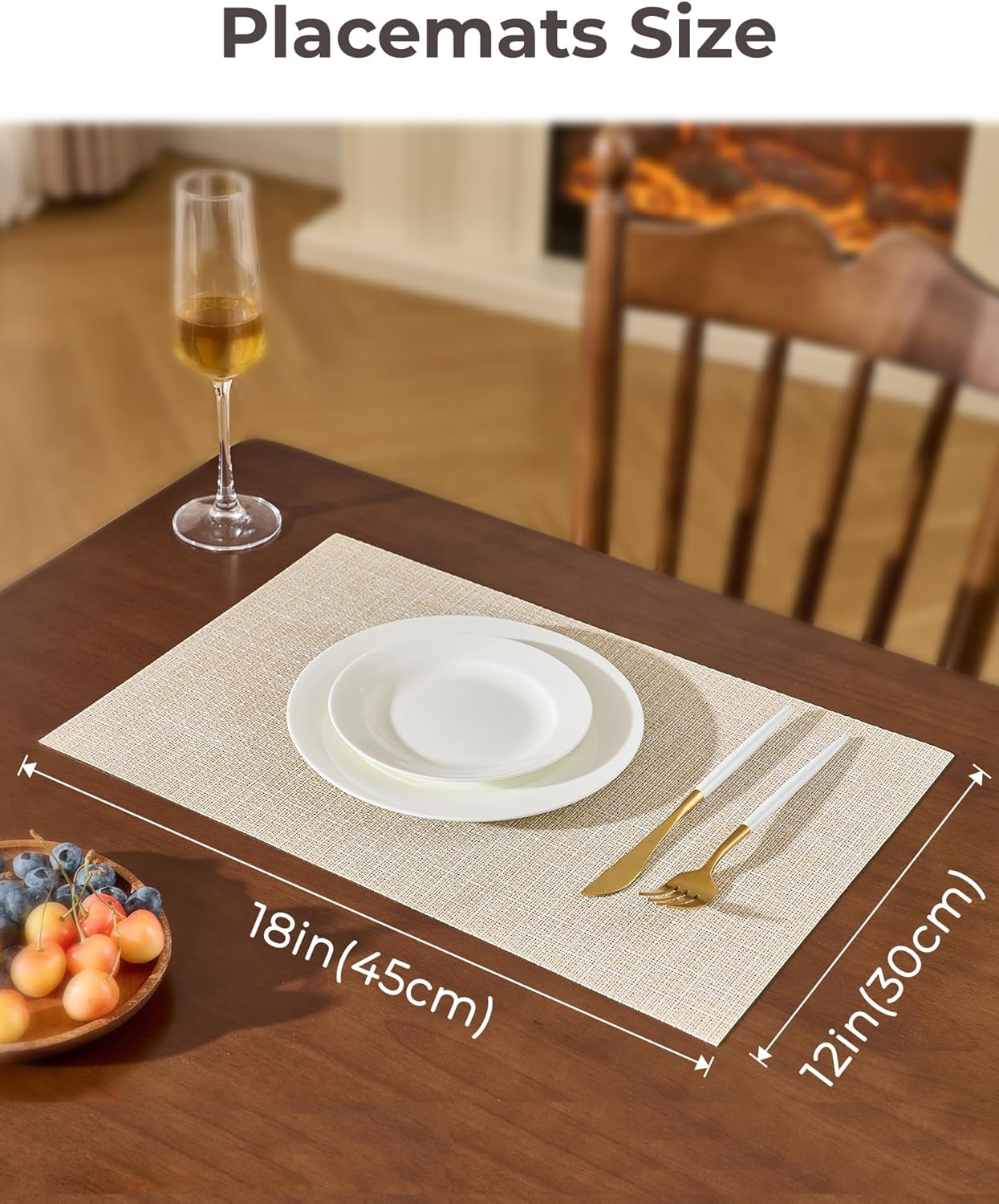 Leetaltree Beige Placemats Set of 6 - Heat Resistant Non-Slip Place mats for Dining Table, Washable Durable PVC Vinyl Woven Table Mats（Beige, 6）