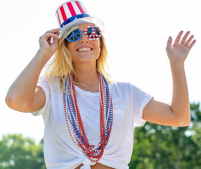 4th of July Necklace Party Favors, 50PCS 4th of July Round Beads Necklace Bulk, Fourth of July Red Blue Silver Necklace, Independence Day Beads Bulk for Patriotic Parade Party Celebration Favor Decor