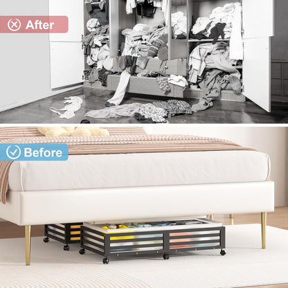 Under Bed Storage Containers With Wheels - 2 Pcs Large Bamboo Wood Rolling Underbed Shoe Storage Bins With Dust Bags for Clothes Blankets, Duvet Covers Snacks Toys (Black)