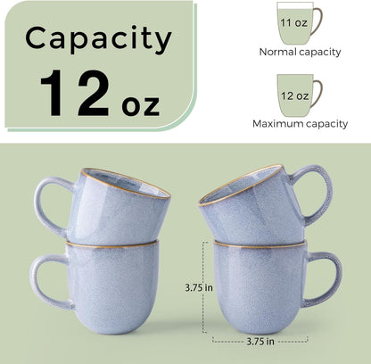 AmorArc 12oz Coffee Mugs, Ceramic Coffee Mugs set of 4 for Man, Woman, Dad, Mom, Modern Coffee Mugs with handle for Latte/Cappuccino/Milk/Cocoa. Dishwasher&Microwave Safe, Blue-Reactive Glaze