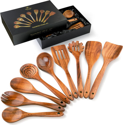 Zulay Kitchen 9-Piece Teak Wooden Utensils for Cooking - Natural Teak Utensil Set with Premium Gift Box - Non-Stick Wooden Spoons for Cooking - Kitchen Gift Set - Comfortable Grip Wooden Utensil Set
