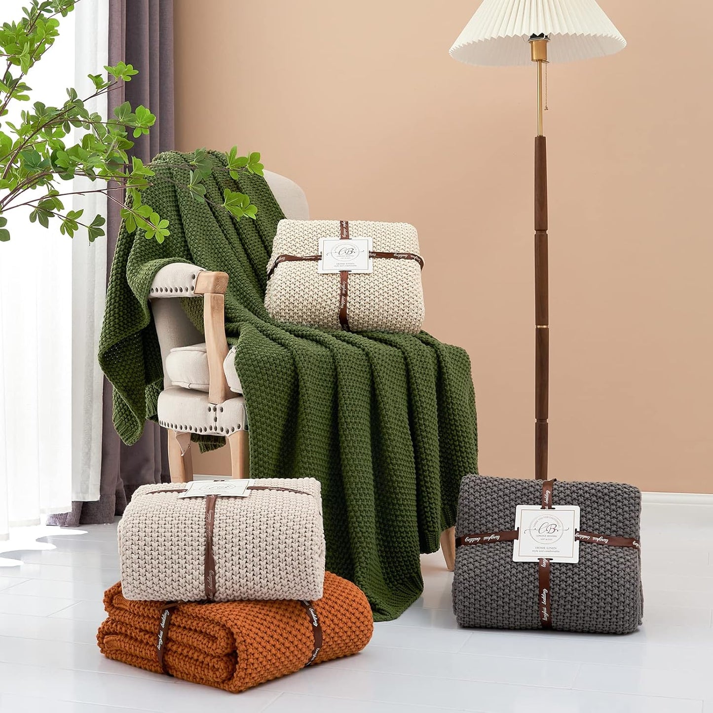 Longhui bedding Chunky Cable Knit Throw Blanket Lightweight Beige 100% Organic Cotton Blanket for Sofa Couch Bed Baby Nursery, Rustic Shabby Chic Modern Farmhouse, 60” x 80”