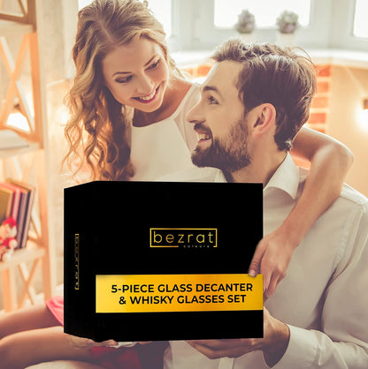 Whiskey Decanter Glasses Gift Set - 4 Whiskey Glasses - Airtight Stopper for Wine, Bourbon, Brandy, Juice, Water - Decanter Sets For Men Christmas Gifts for Dad Boyfriend Husband Him - Bezrat