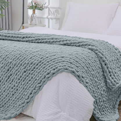 Bigacogo Chunky Knit Throw Blanket for Couch, 51x63 inches, 100% Hand Knitted with Thick Jumbo Chenille Yarn, Cozy Soft Large Rope Knot Cable Crochet Blankets for Sofa Bed Living Room, Dusty Blue
