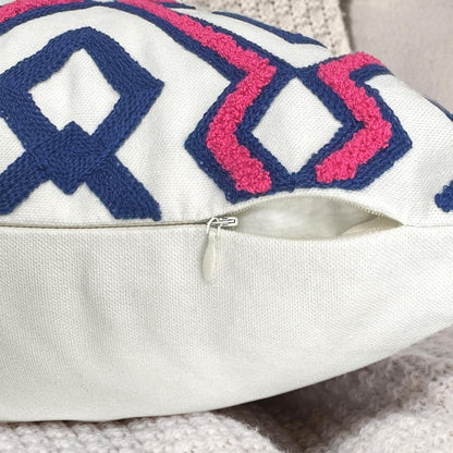Alysheer Embroidered Decorative Throw Pillow Cover 18"x 18" Set of 2, Classic Boho Geometric Embroidery Pattern Cotton Rectangular Cushion Case for Sofa Couch Living Room Bedroom (Blue Pink)