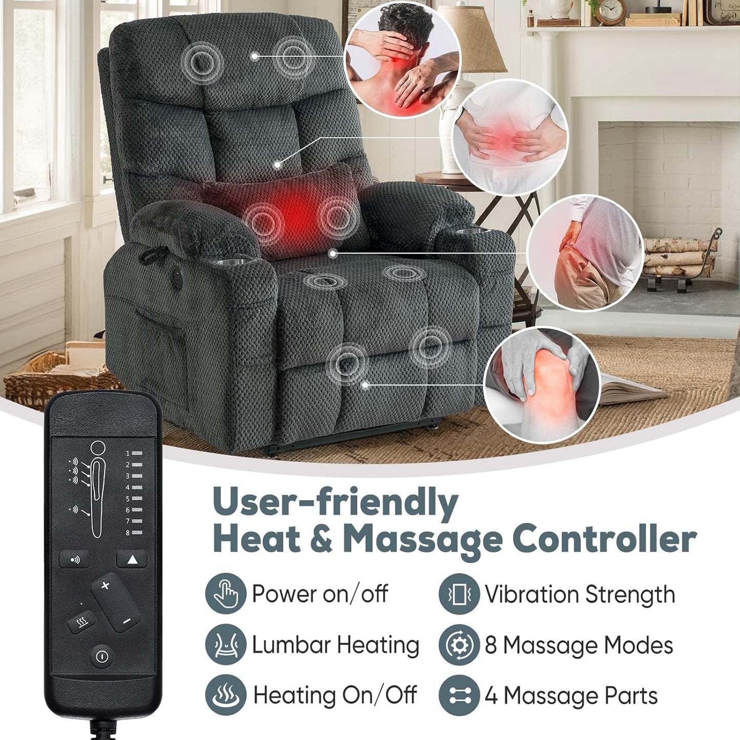 Oversized Dual Motor Lay Flat Power Lift Recliner Chair with Massage, Heating, Lumbar Pillow, USB & Type-C Ports, Textile Lift Chair Recliner, Large Recliner for Big & Elderly People - Grey