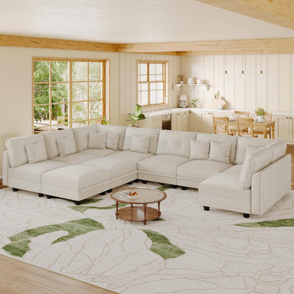 LLappuil Modular Sectional Sofa with Storage Seats, Corduroy Convertible Modular U Shaped Sectional Couch for Living Room, 10 Seat Oversized Sofa with 10 Back Cushion 10 Throw Pillow, Beige