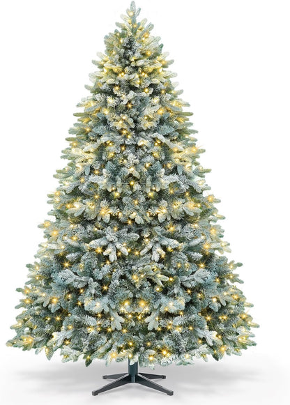 6.5ft Pre-lit Artificial Christmas Tree with Remote, Snow Flocked Xmas Trees Rotating & Foldable Stand, RGB & Warm White Light for Home Decor