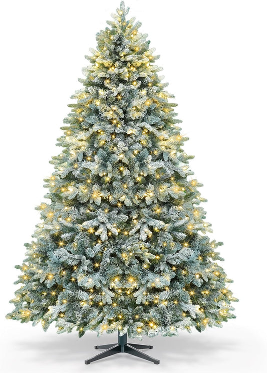 6.5ft Pre-lit Artificial Christmas Tree with Remote, Snow Flocked Xmas Trees Rotating & Foldable Stand, RGB & Warm White Light for Home Decor