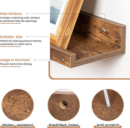 Fun Memories Picture Ledge Shelves Set of 2, 48 Inch Rustic Wall Mounted Floating Shelves with Lip for Home Storage and Décor in Bathroom, Kitchen, Nursery, Bedroom, Living Room, Brown