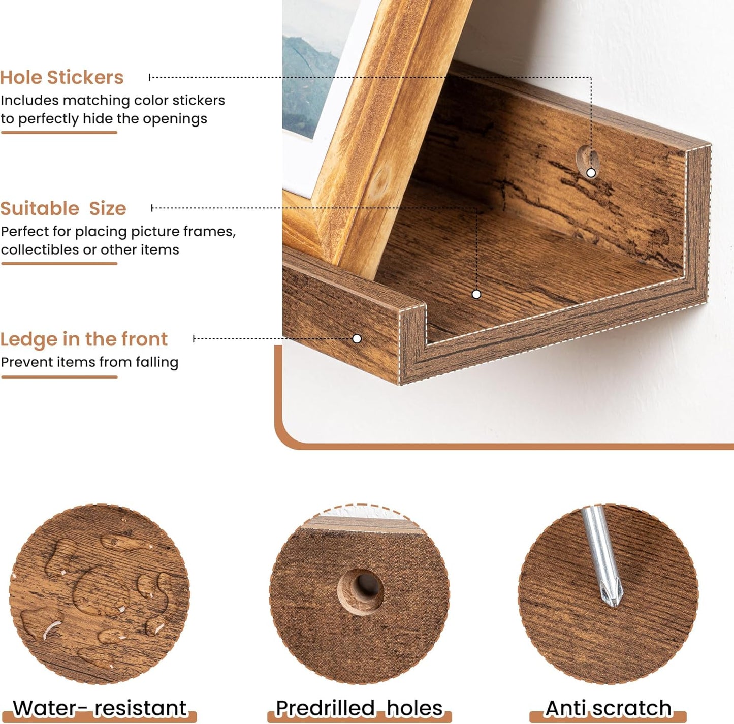 Fun Memories Picture Ledge Shelves Set of 2, 55 Inch Rustic Wall Mounted Floating Shelves with Lip for Home Storage and Décor in Bathroom, Kitchen, Nursery, Bedroom, Living Room, Brown