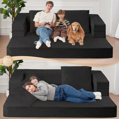 Folding Bean Bag Chair for Adults,3-in-1 Bean Bag Couch Faux Fur Floor Sofa Large Beanbag Convertible Bean Bag Sofa Bed with Pillow in Bedroom,Living Room,Apartment(Queen,Black)