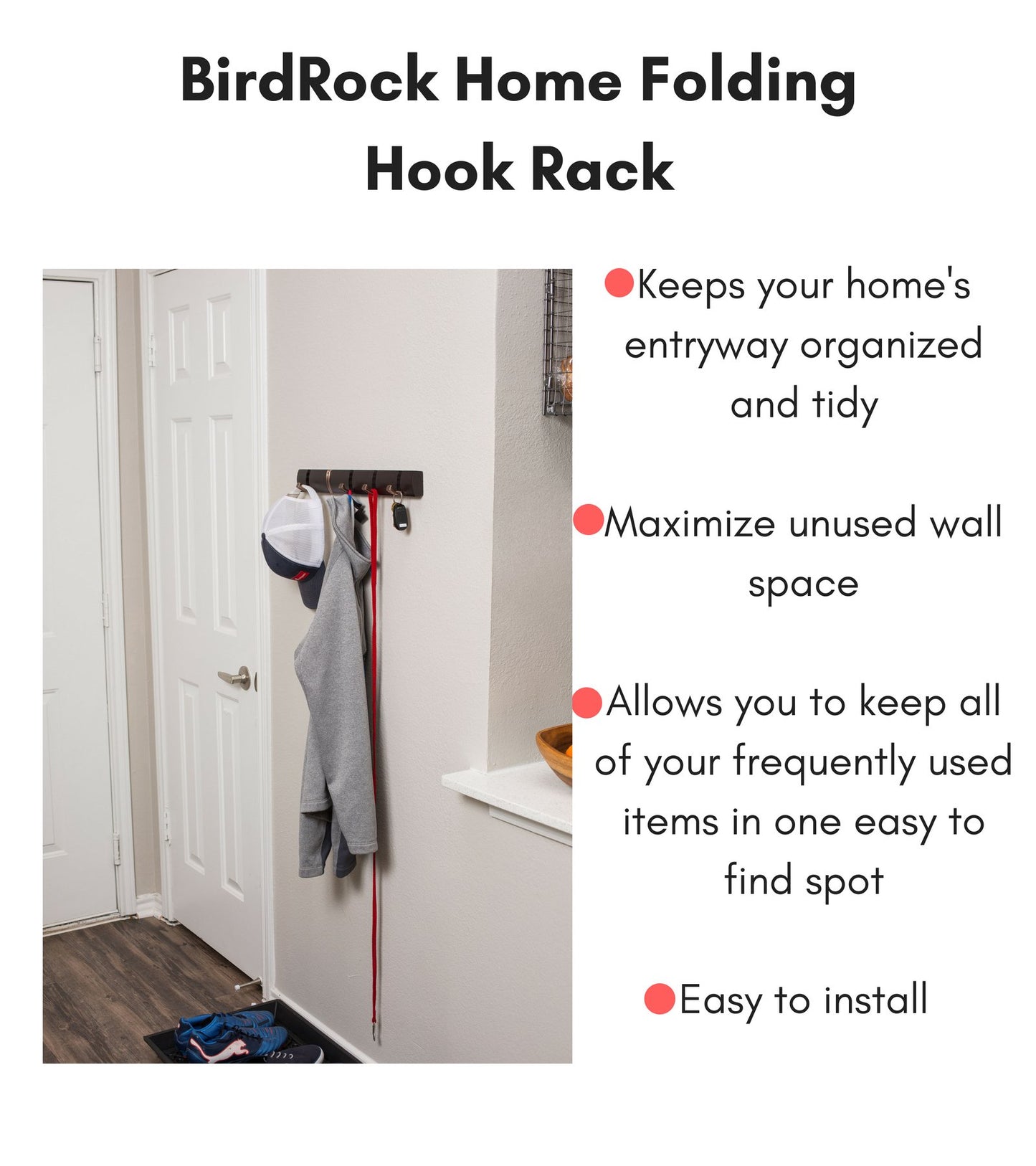 BIRDROCK HOME Folding Hook Coat and Hat Rack - 5 Hooks - 18 Inches - Wall Mount - Decorative Home