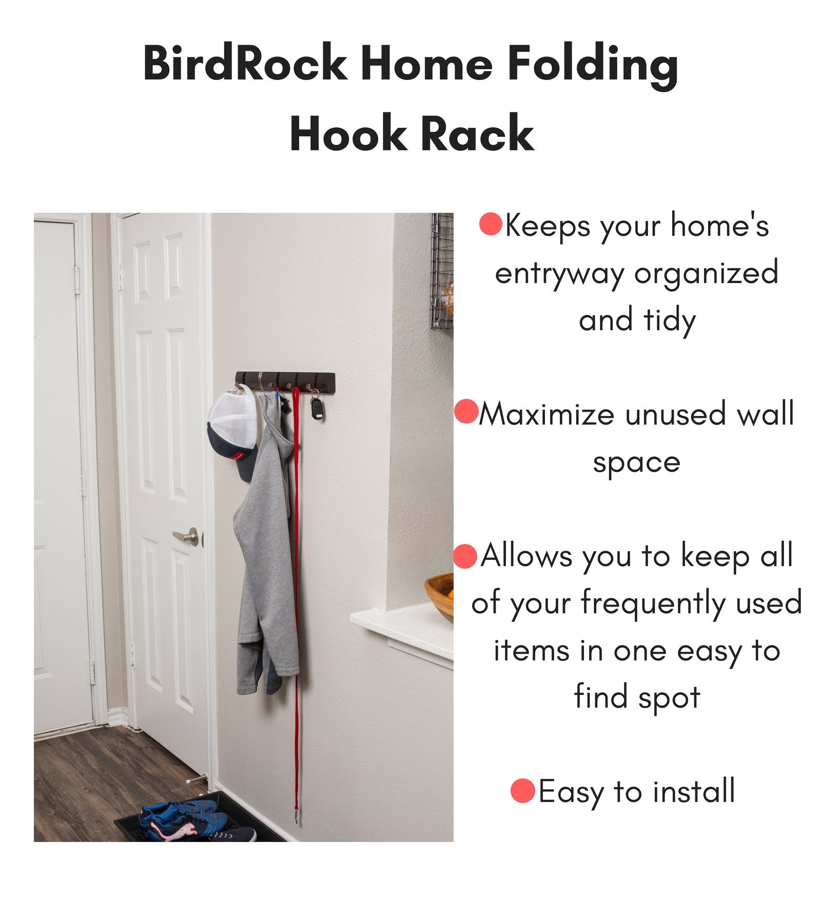 BIRDROCK HOME Folding Hook Coat and Hat Rack - 5 Hooks - 18 Inches - Wall Mount - Decorative Home