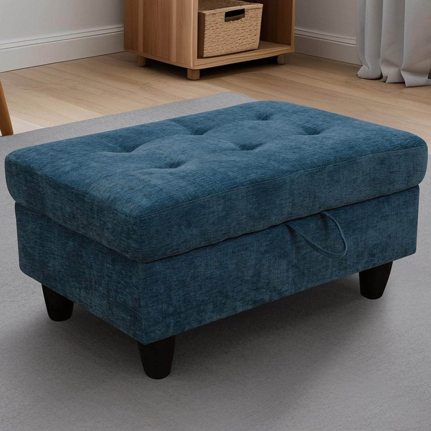Ottoman Rectangular Storage Ottoman Bench, Flannel Footrest Stool Footstool with Lid for Living Room, Bedroom, Entryway, Blue, 34"x22.8"x17.5"