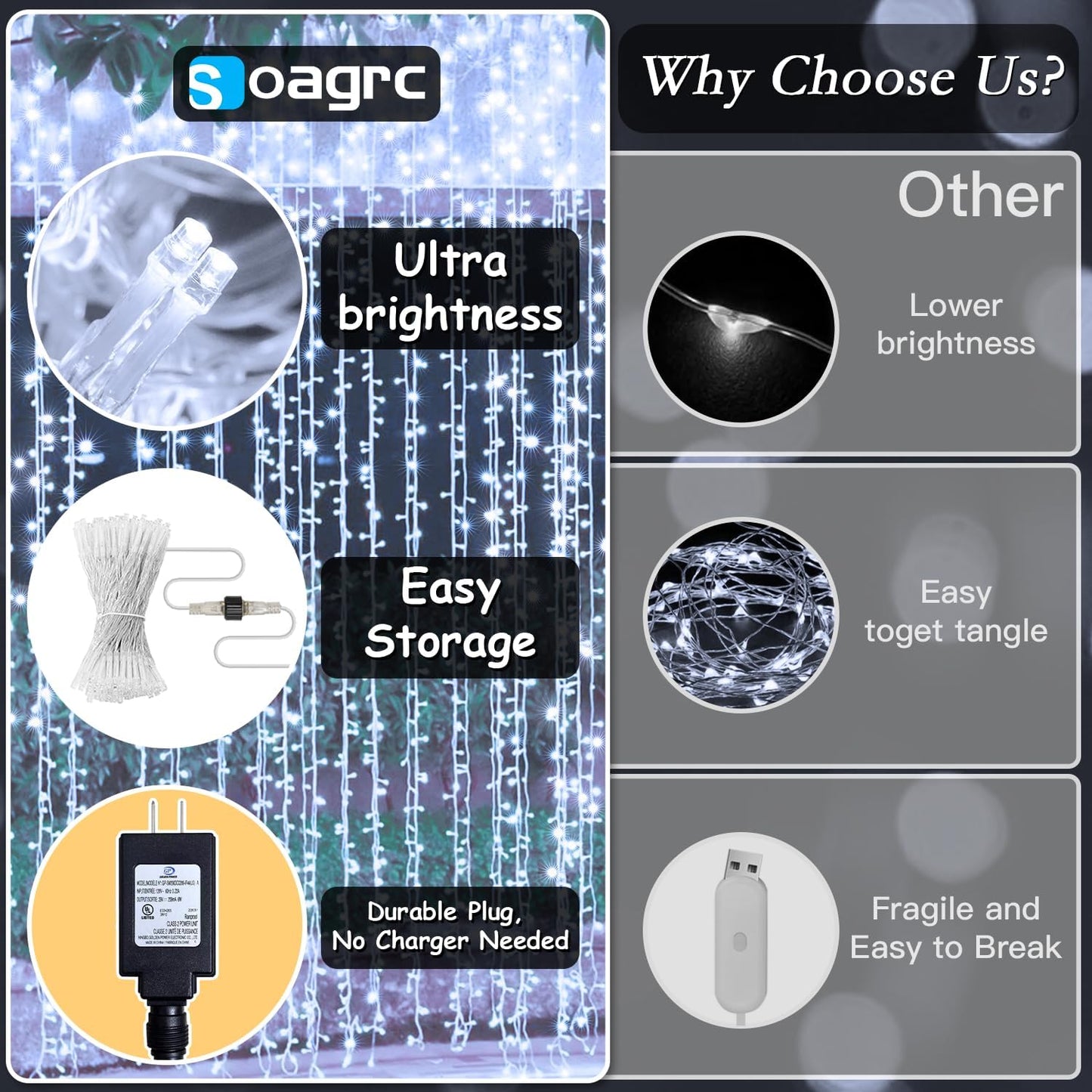 300 LED Curtain String Lights 9.8FT Plug in Fairy Lights with Timer and 8 Modes, Waterproof Window Wall Lights for Bedroom Wedding Party Indoor Outdoor Christmas Decor