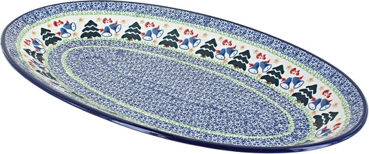 Blue Rose Polish Pottery Winter Bells Oval Platter