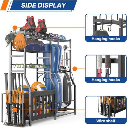 Garage Sports Equipment Organizer, Strong Load Bearing Golf Bag Organizer, Multi Use Golf Ball Rack Basketball Rack for Sports Gear and Outdoor Toy Ball Storage