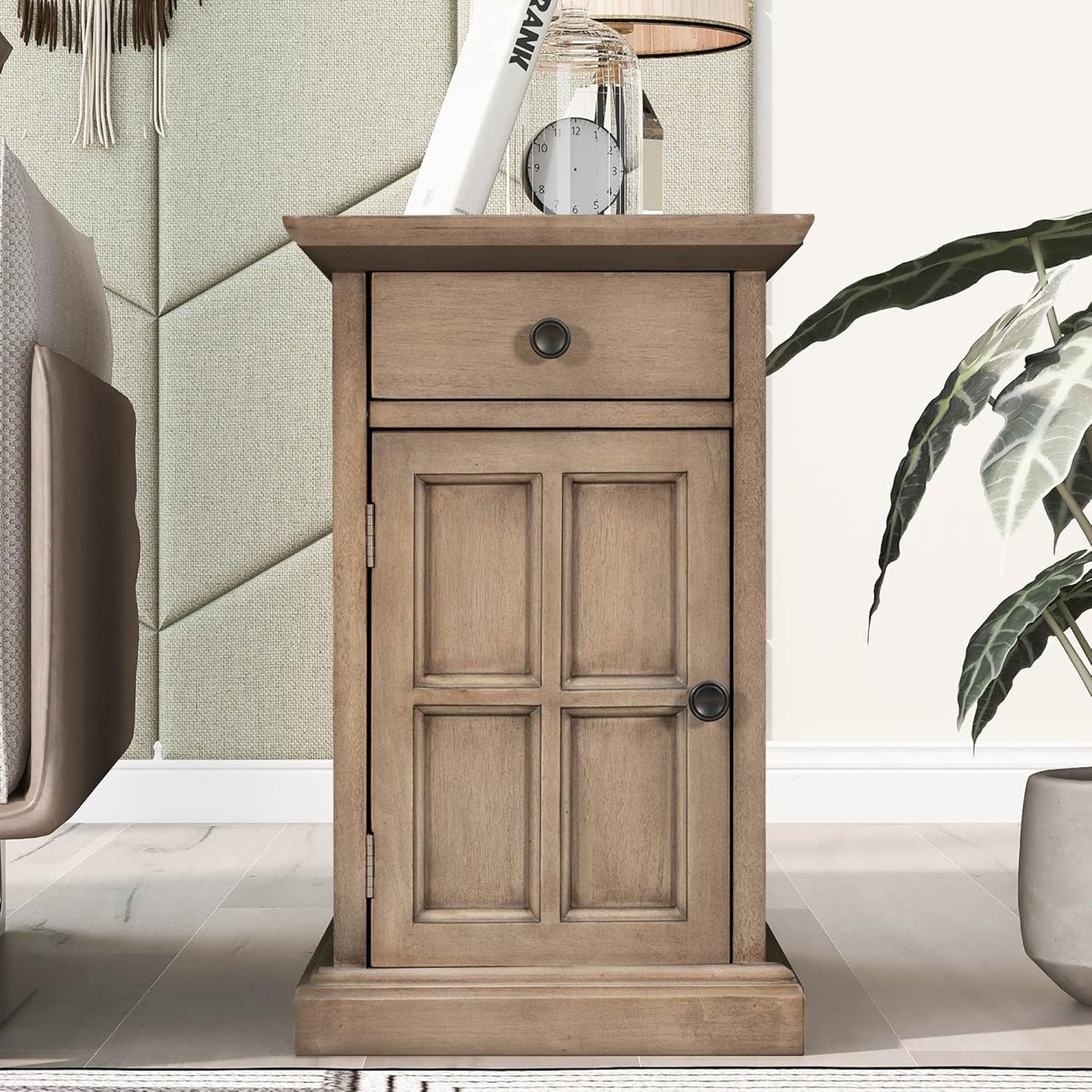 Traditional Wood End Table with Charging Station, Modern Vintage Sofa Chair Side Table Nightstand with Storage & Drawer for Living Room Bedroom, No Assembly, Antique Brown