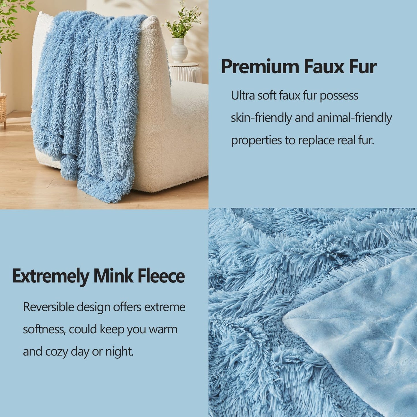 GONAAP Fuzzy Faux Fur Throw Blanket Twin Size Light Blue Super Soft Cozy Plush Fuzzy Shaggy Blanket for Couch Sofa Bed (Light Blue, Twin(60"x80"))