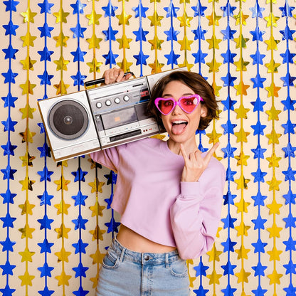 LOLStar 2 Pack Graduation Decoration 2025 3.3 x 6.6 ft Blue Gold Star Each Foil Fringe Tinsel Curtains Backdrop, Navy Blue and Gold Star Streamers for Birthdays, Retirement, Bridal Showers, Banquet