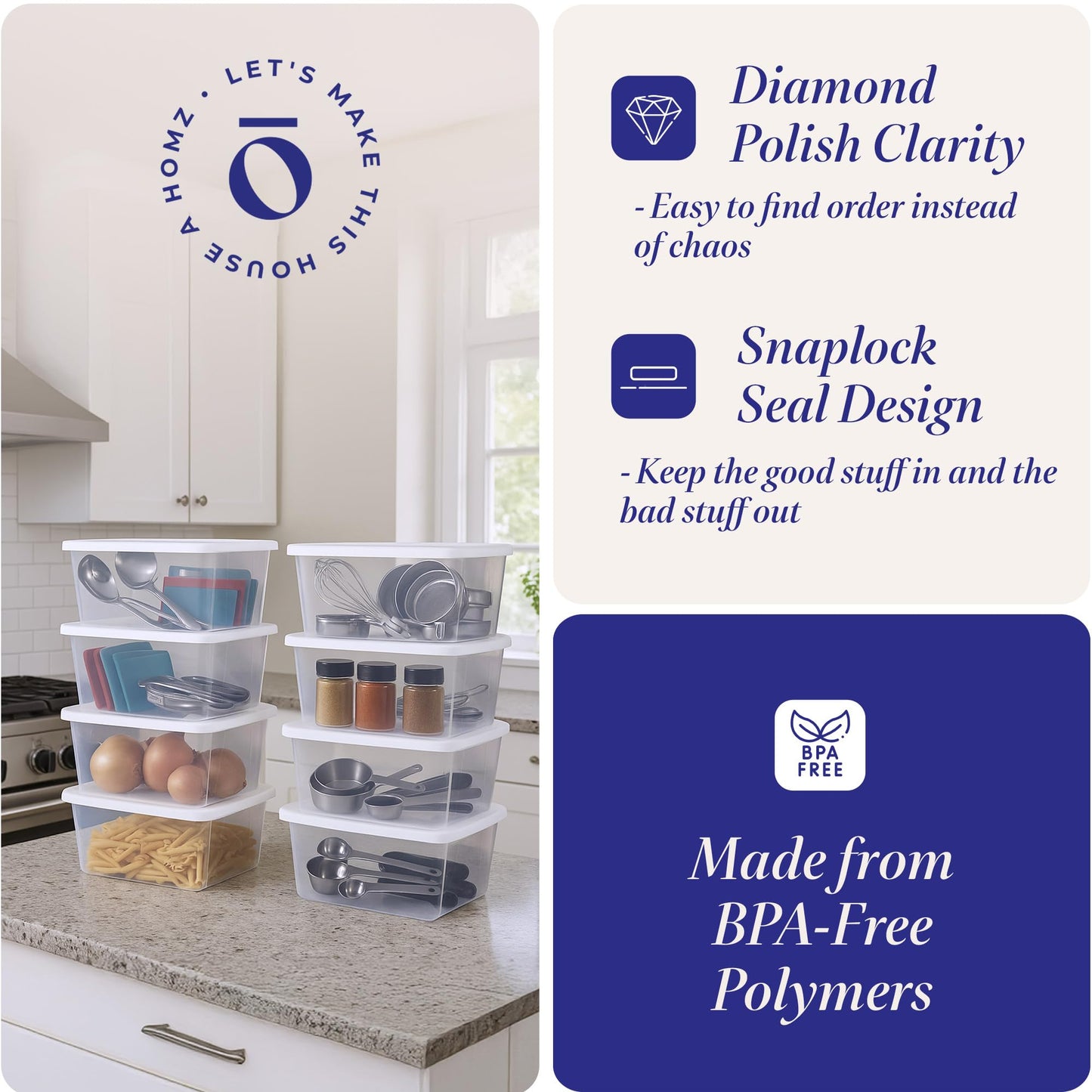 HOMZ Clear Plastic Storage Bins w/Snaplock Lids, 6 Qt, White, 10 Pack