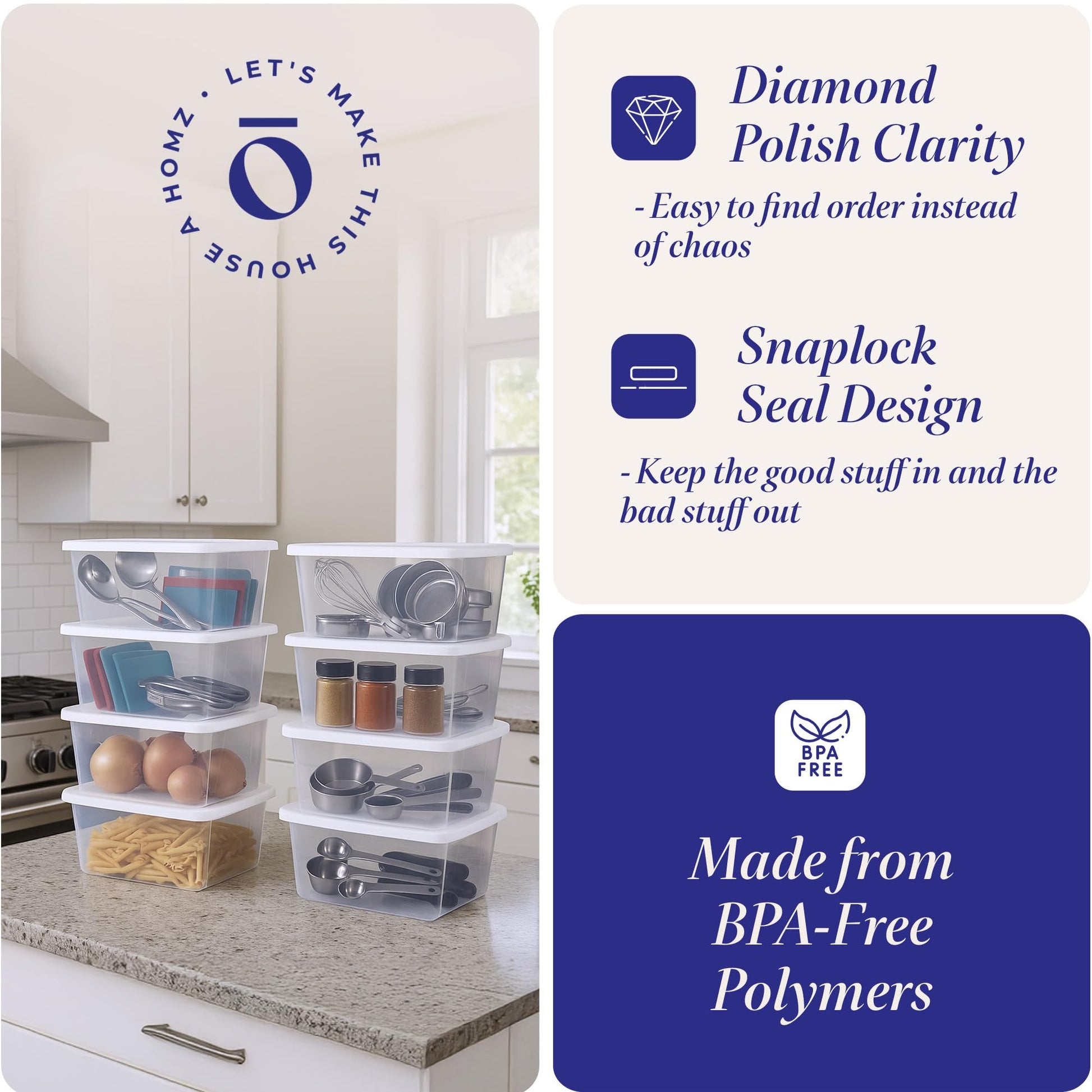 HOMZ Clear Plastic Storage Bins w/Snaplock Lids, 6 Qt, White, 10 Pack