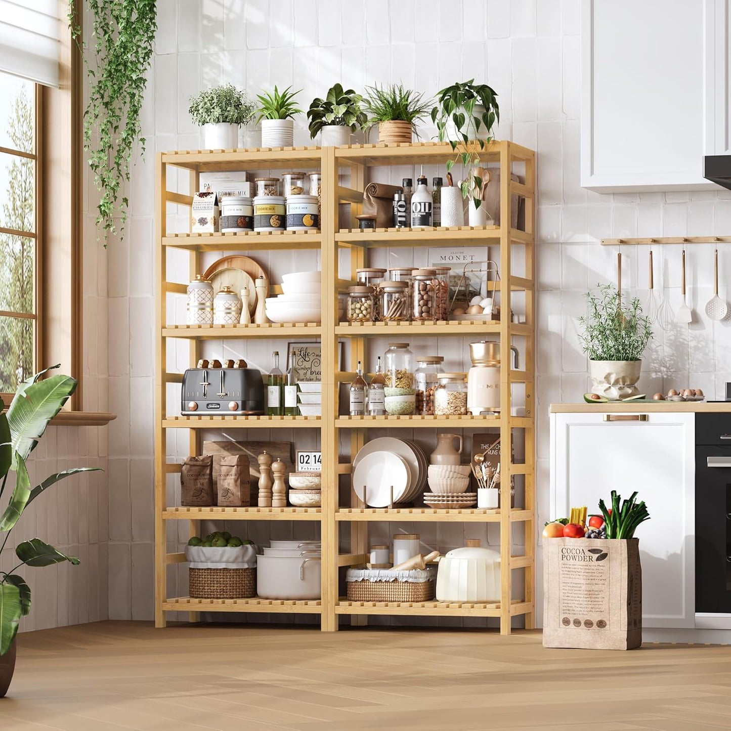 FOTOSOK 6-Tier Bamboo Shelf, Bamboo Bookcase with Adjustable Shelves, Free Standing Storage Shelf Unit, Plant Flower Stand for Kitchen, Bathroom, Home Office, Natural