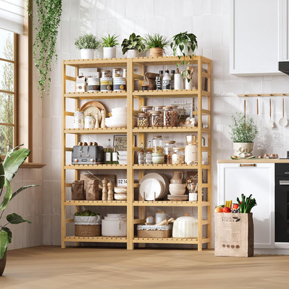 FOTOSOK 6-Tier Bamboo Shelf Set of 2, Bamboo Bookcase with Adjustable Shelves, Free Standing Storage Shelf Unit and Plant Flower Stand, Tall Large Bookshelf for Kitchen, Bathroom, Home Office, Natural