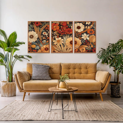 Aurlan Boho Burnt Orange Terracotta Wildflowers Framed Wall Art(16"x24"), 3 PCS Abstract Floral 3D Textured Canvas Artwork, Large Modern Vintage Botanical Nature Art Wall Decor for Home Office Living Room Bedroom