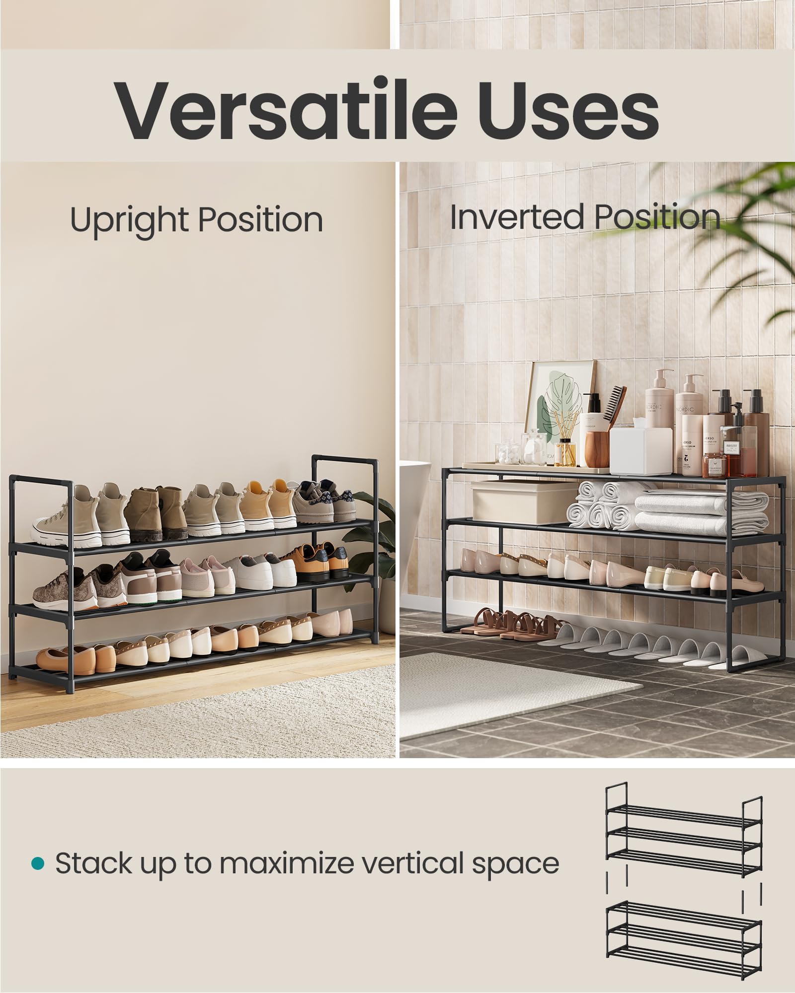 SONGMICS Shoe Rack, 3-Tier Shoe Organizer, Metal Storage Shelf, Upright or Upside Down, for 20-24