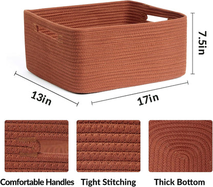 Large Storage Baskets for Shelves, Closet Organizers Bins for Clothes Blanket Towels, Baby Nursery, Toy Baskets Box, Woven Rope Baskets, 17 x 13 x 7.5”, 3 Packs Oxide Red