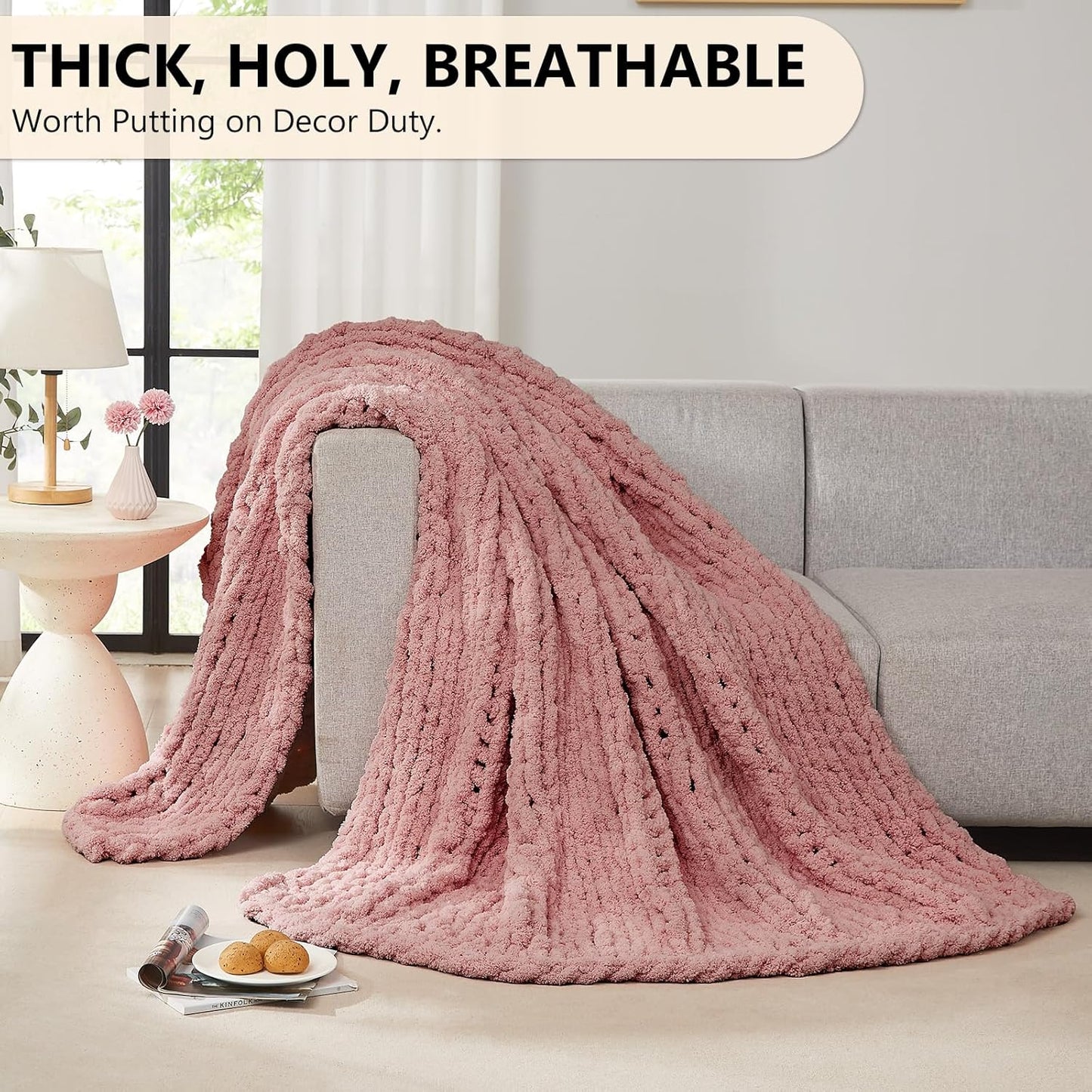 L'AGRATY Chunky Knit Blanket Throw - Soft Chunky Throw Blanket 50x60: 100% Hand Kintted Chenile Crochet Throw Blanket for Couch - Large Cable Knit Chunky Blanket for Home Decor(Rose Pink)