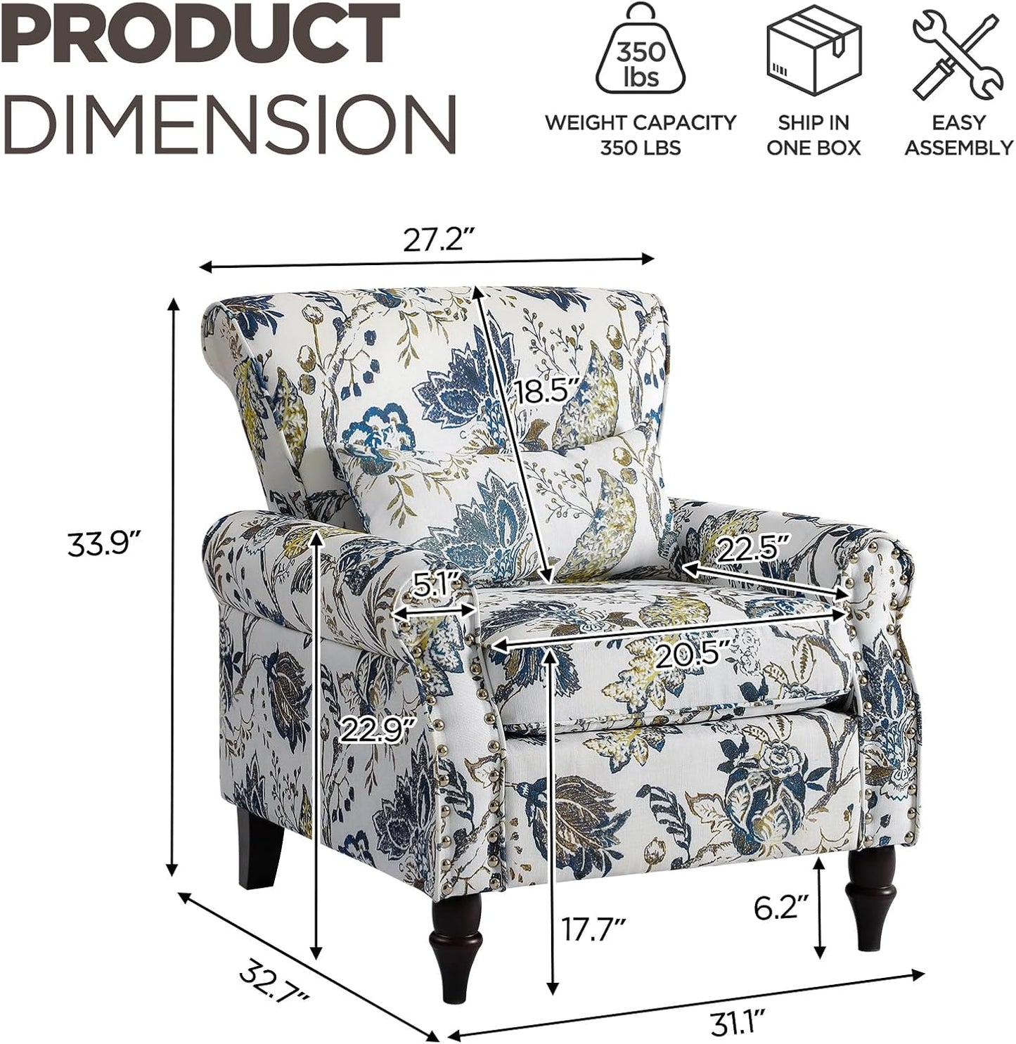 Wingback Accent Chair with Removable Pillow, High Back Floral Armchair with Solid Wood Legs & Nailhead Trim, Comfy Upholstered Reading Single Sofa Chair for Bedroom (2, Blue Floral Pattern)