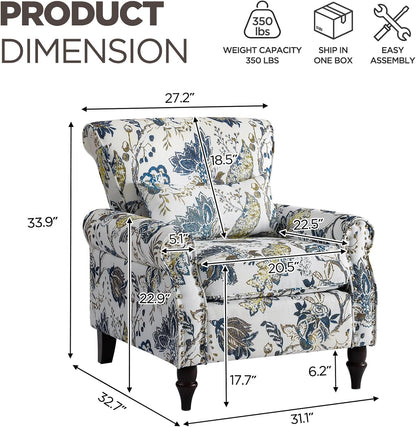Wingback Accent Chair with Removable Pillow, High Back Floral Armchair with Solid Wood Legs & Nailhead Trim, Comfy Upholstered Reading Single Sofa Chair for Bedroom (1, Blue Floral Pattern)
