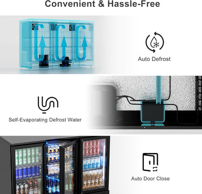 COTLIN 12.45 Cu.Ft Back Bar Beverage Cooler with Low-E Glass Auto Defrost ??3 Door Commercial Under Counter Fridge for Beer, Soda, Wine??Triple Fan Cooling, ETL NSF Approved