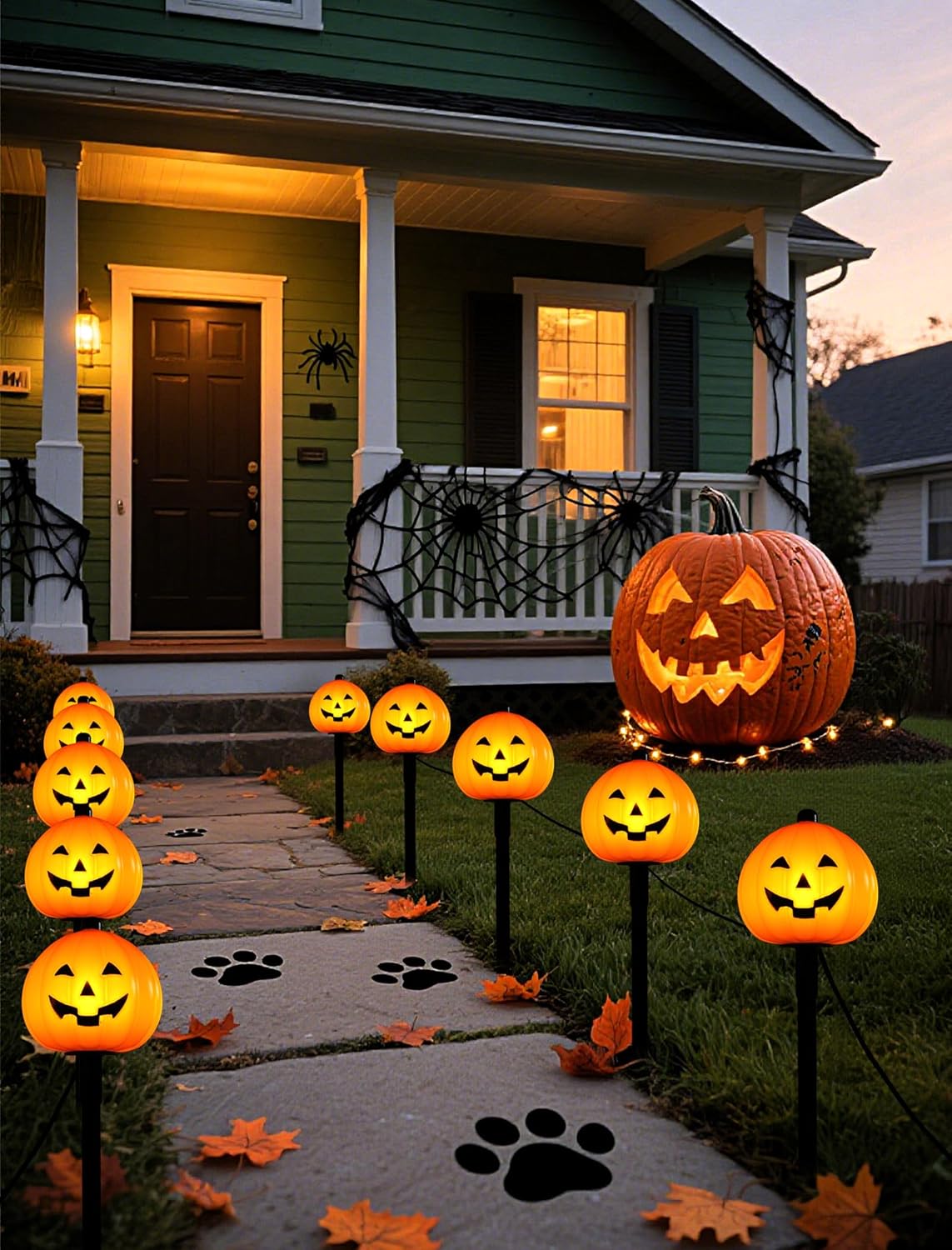 Classic Halloween Charm: 5 Pack Plug-in Pumpkin Pathway Lights Outdoor, Waterproof Jack o' Lantern Garden Stakes with Warm C7 Bulbs for Walkway & Yard Decor