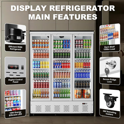 40.5 Cu.ft. Commercial Refrigerators 3 Glass Door Beverage Refrigerators Commercial Fridge Upright Cooler with Soft LED Light and 15 Adjustable Shelves for Restaurant Grocery Stores Home