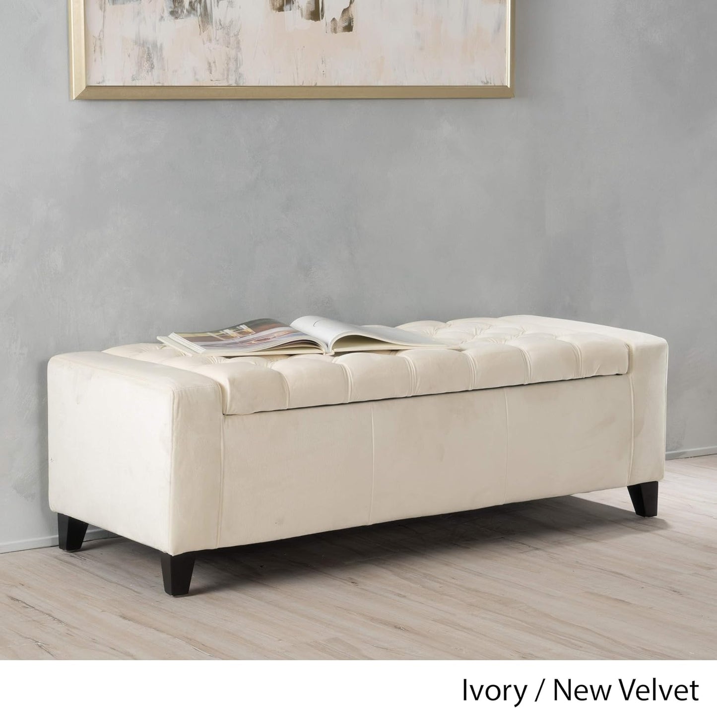 Christopher Knight Home Hikaru Velvet Storage Ottoman, Ivory 19.75”D x 50.00”W x 17.48”H