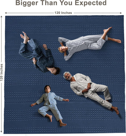 PHF 100% Cotton Waffle Blanket Oversized King 120"x120", Lightweight Breathable Extra Large 10'x10' Summer Blankets for Bed, Giant Big Luxury Aesthetic Woven Bedding for Home Decor, Bright Navy Blue